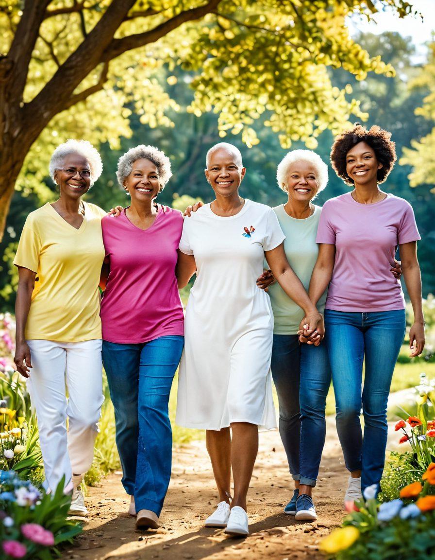 A diverse group of cancer survivors standing together in a bright, sunlit park, holding hands and smiling confidently. Vibrant flowers bloom around them symbolizing hope and renewal. In the background, a gentle stream flows, representing healing and support. Incorporate uplifting elements like butterflies and rays of sunlight, emphasizing empowerment and resilience. super-realistic. vibrant colors.