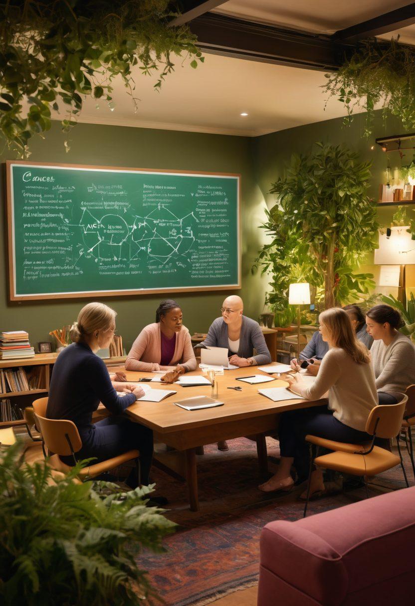 A serene and uplifting scene featuring a diverse group of people engaged in a collaborative discussion, surrounded by books and modern technology, symbolizing the journey of understanding cancer treatments. Soft, warm lighting casts an optimistic glow, highlighting a chalkboard filled with diagrams and notes. In the background, lush greenery represents growth and wellness. super-realistic. vibrant colors. warm atmosphere.