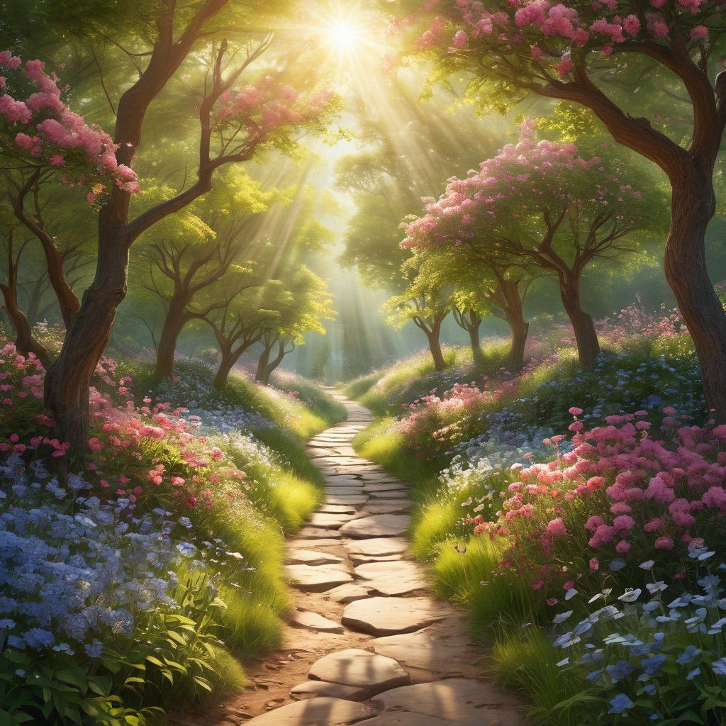 A serene scene depicting a journey from illness to health, featuring a winding path surrounded by blossoming flowers and sunlight filtering through the trees. Include elements like a comforting hand reaching out, symbolizing support, and a soft aura of healing light emanating from a nearby figure meditating. The atmosphere should evoke hope and tranquility. super-realistic. vibrant colors. harmonious background.